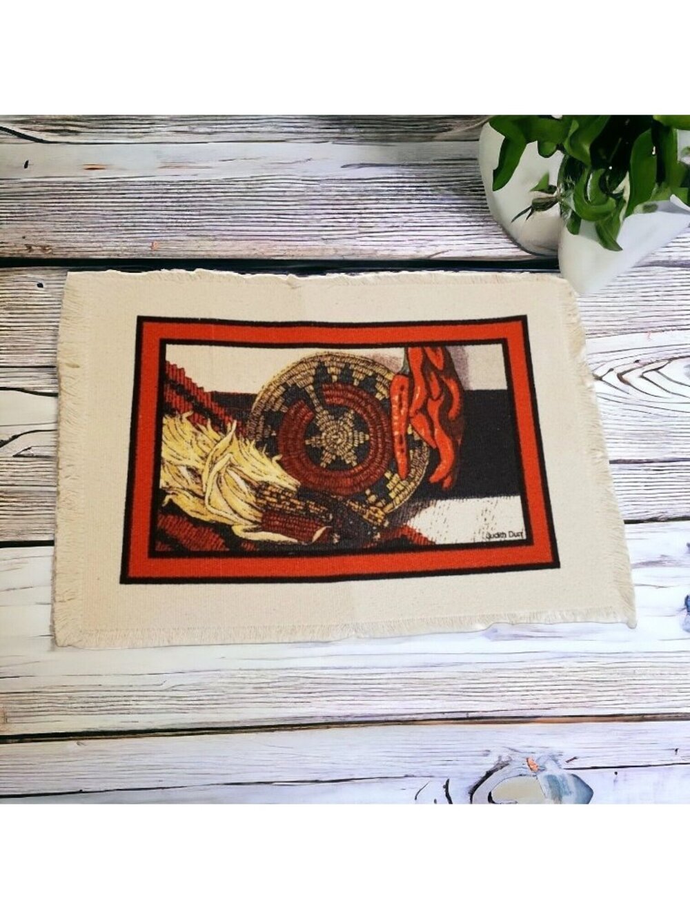 Judith Durr Woven Placemats Set of4 Southwest Art Peppers Corn Basket 18" Red
